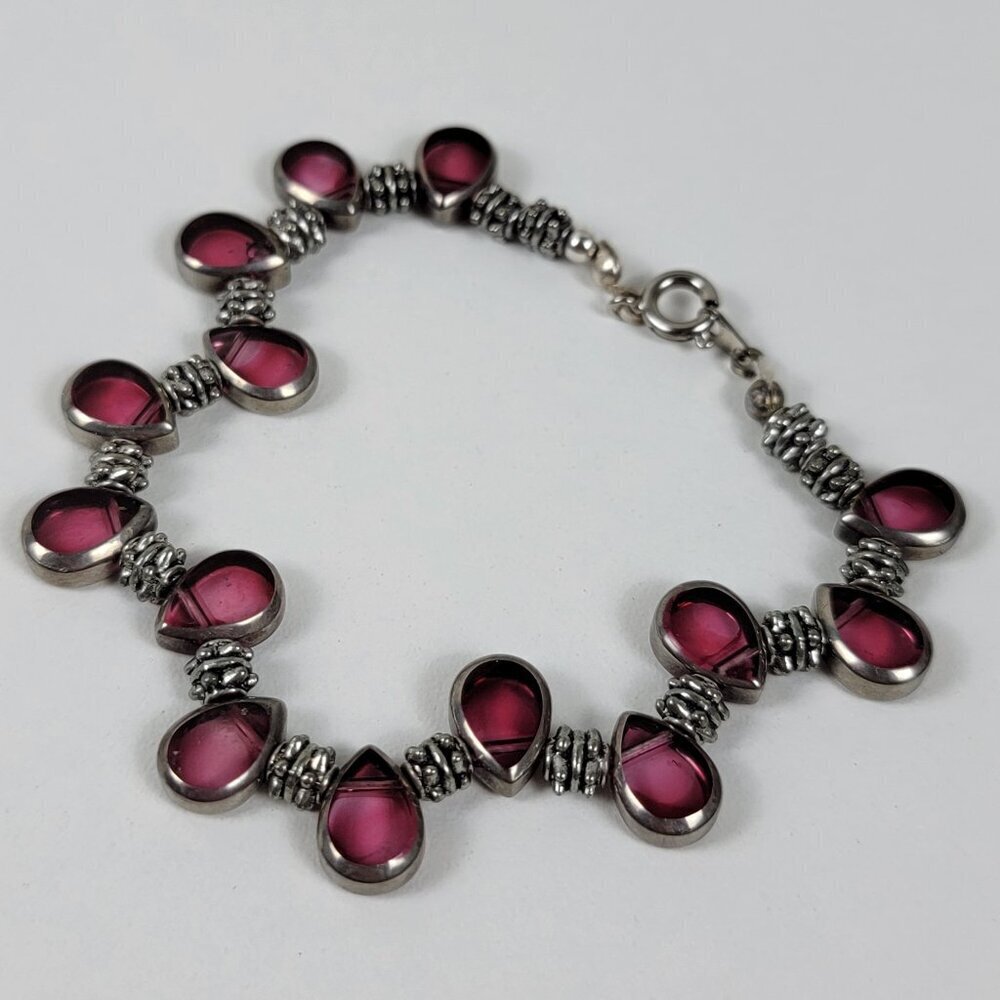Vintage Purple Teardrop Glass Bead Chain Bracelet 7.5 In Silver-Tone Spring Ring